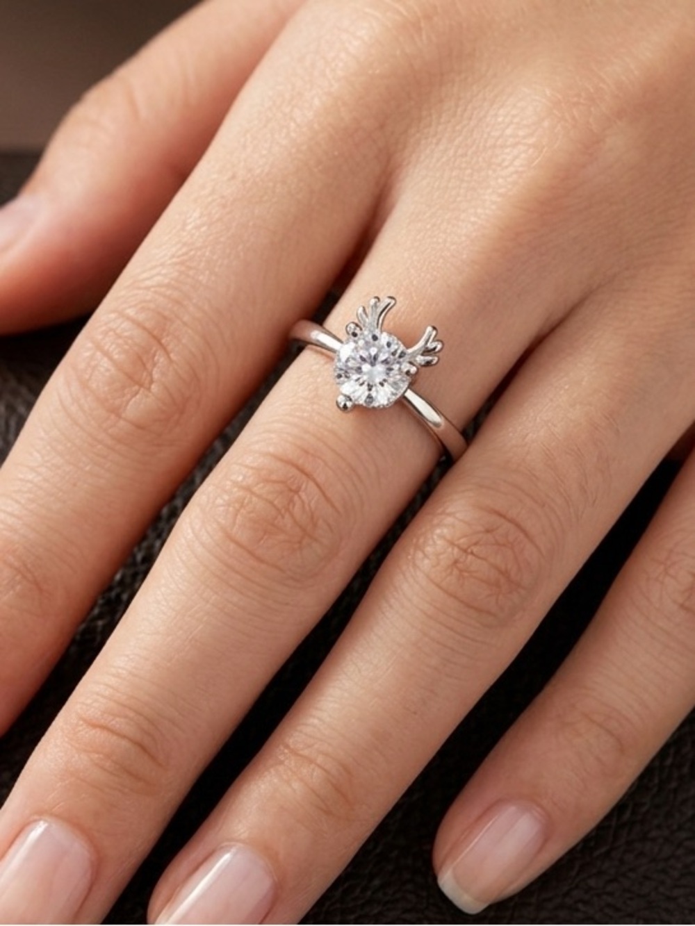 Silver Cute Fawn Deer Horn Crystal Ring
